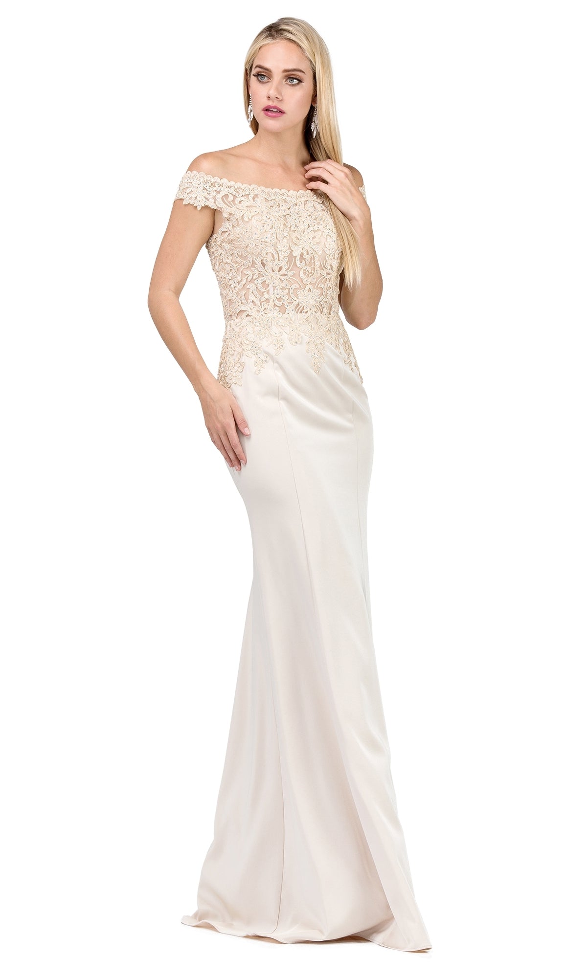 A woman poses against a white background wearing the Off-Shoulder Long Prom Dress with Beads, featuring a beaded bodice and floor-length cream skirt with elegant lace detailing.